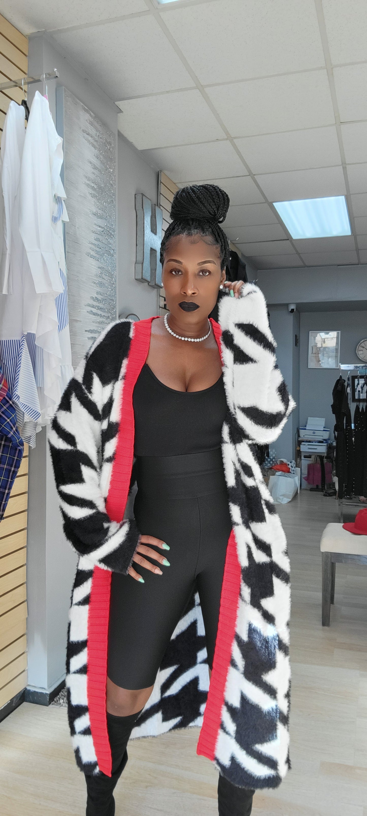 Houndstooth Fuzzy Cardigan