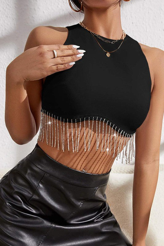 RHINESTONE FRINGE ZIP BACK TANK TOP