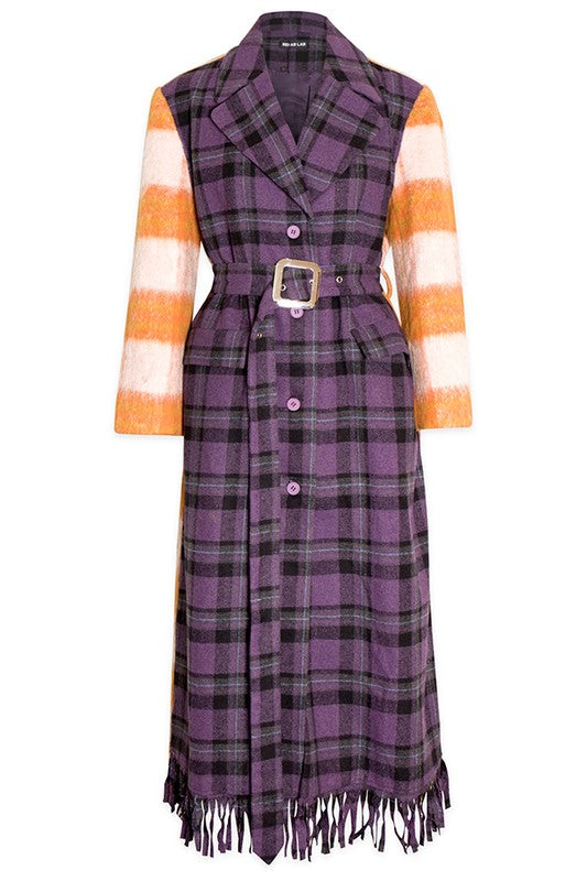 PLAID PATTERNED CONTRAST WOOL COAT