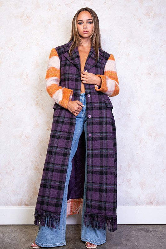 PLAID PATTERNED CONTRAST WOOL COAT
