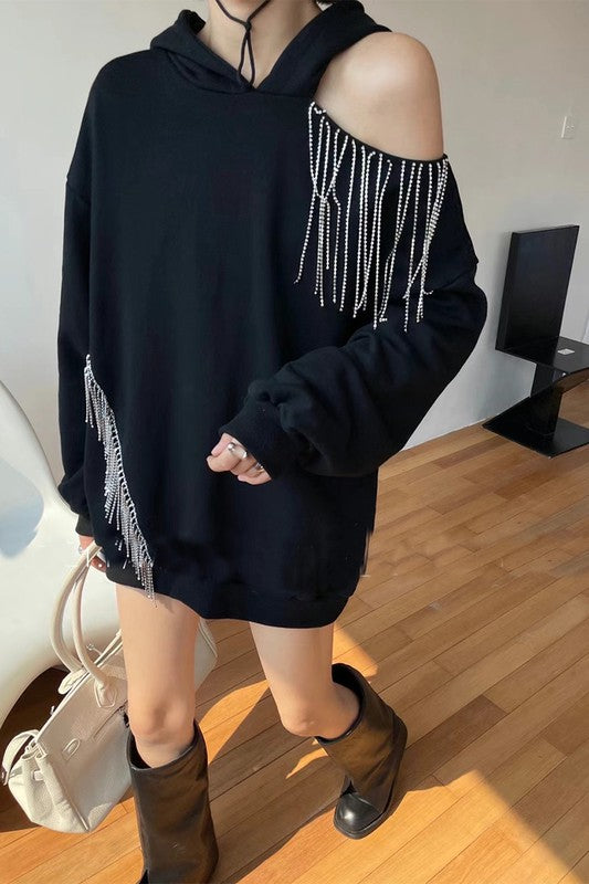 Rhinestones Fringe Oversized Hoodie